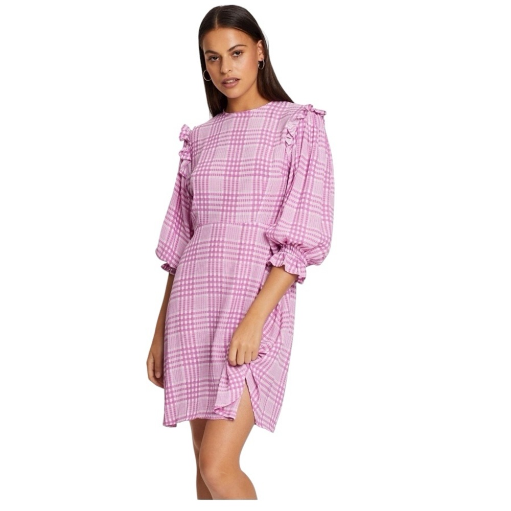 Faithfull The Brand Mini Dress L Edwina Pink Djerra Check Puff‎ Sleeve Preppy